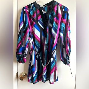 NY Collection Women Blouse Top Shirt Pink Blue Striped 3/4 Sleeve Chiffon size M